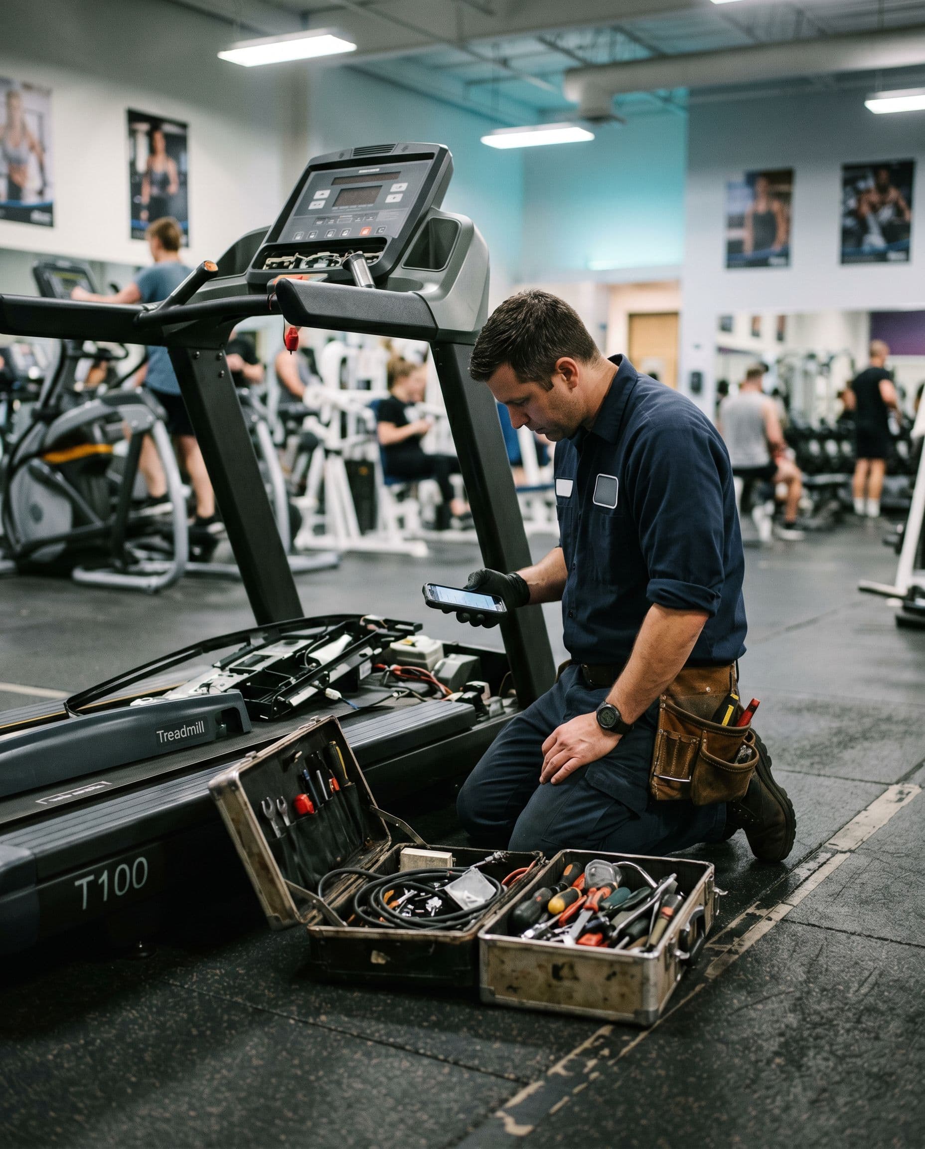 Gym equipment repair technician logging a fix on-site at a client facility