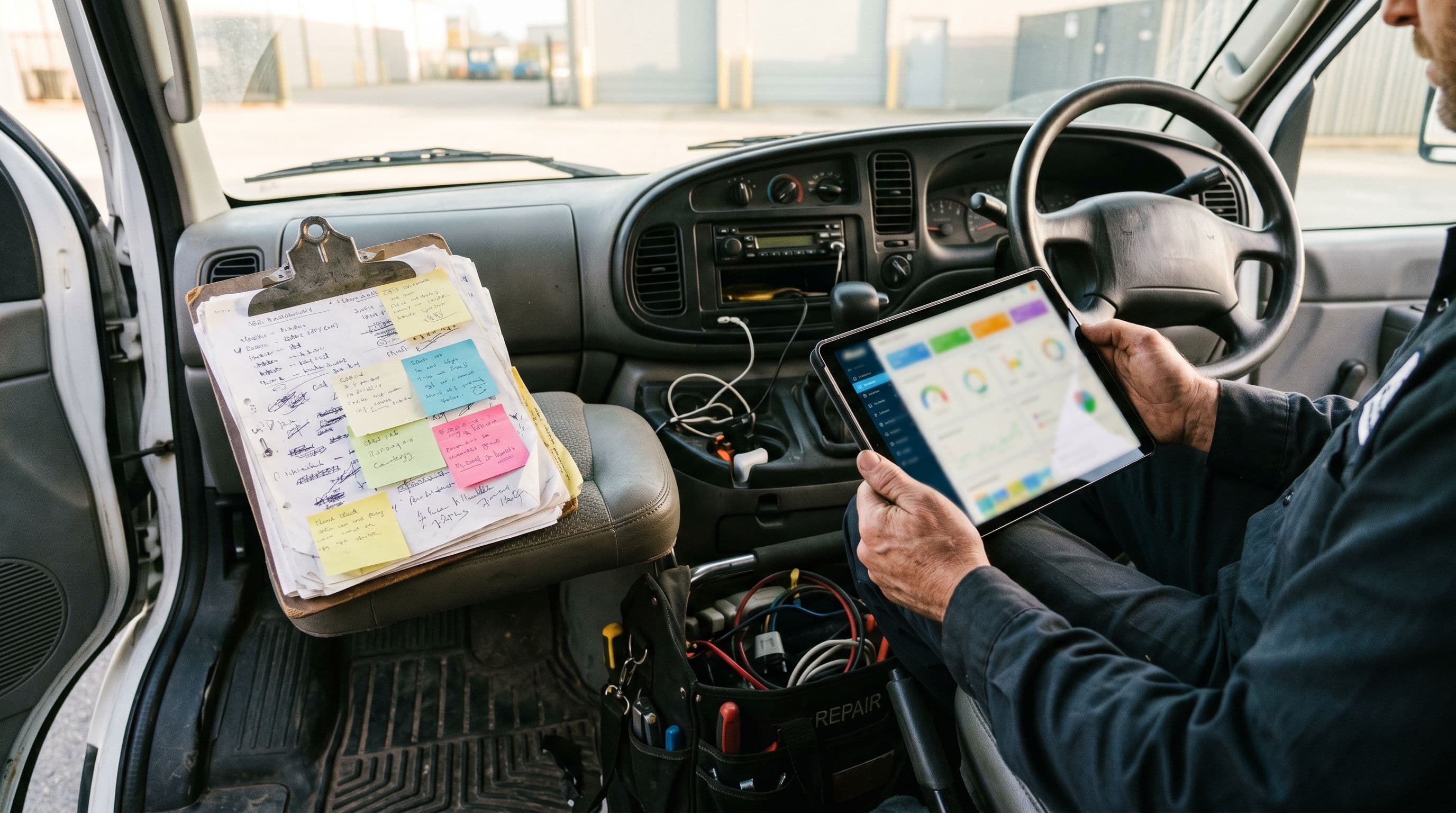 Repair contractor van with clipboard chaos versus digital workflow